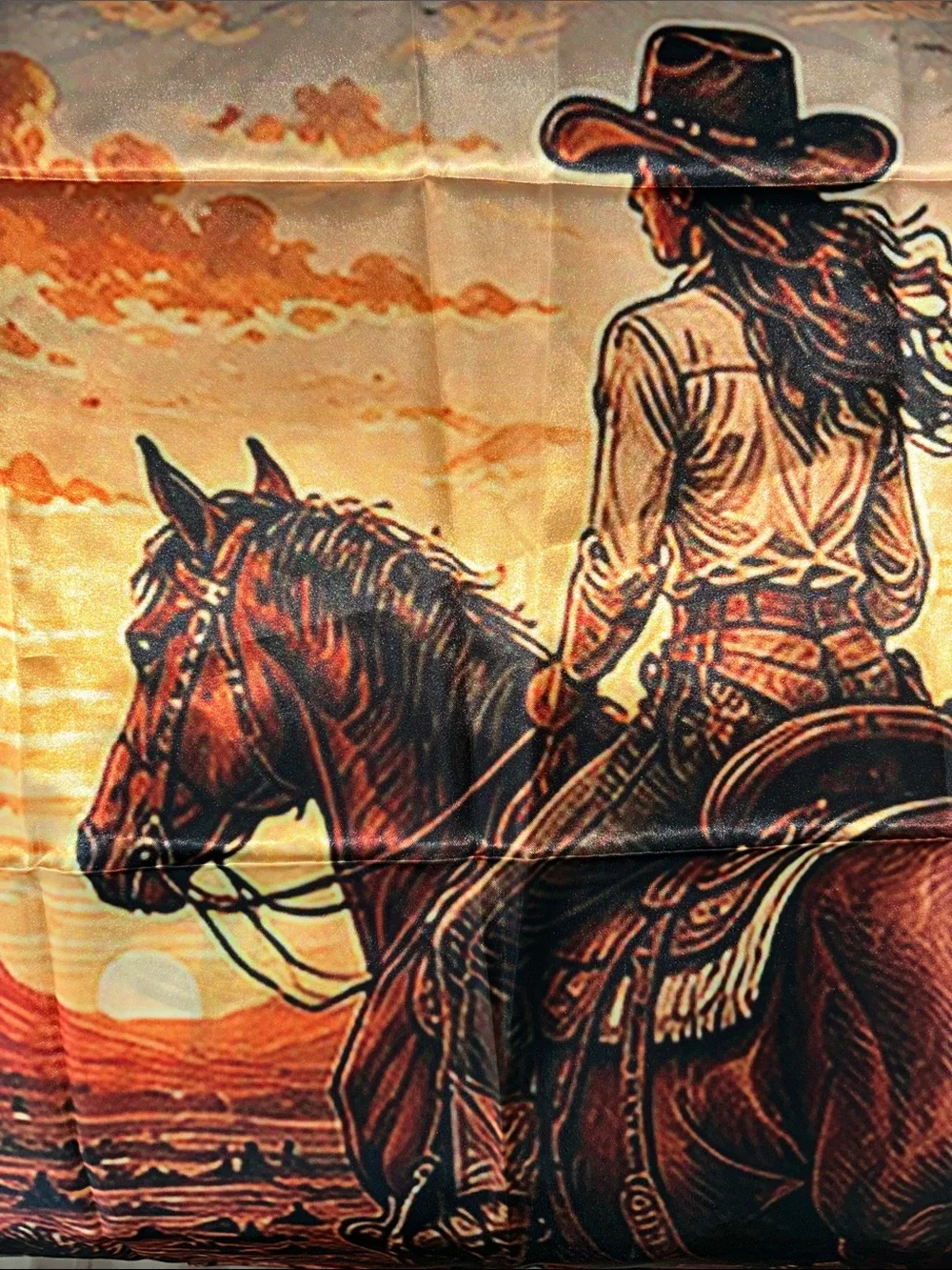 Western Sunset Cowgirl Print Scarf - Golden/Brown 35.83”